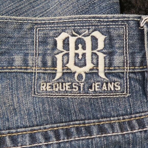 Mens Request Denim Jeans Embroidered 40x32 Leather Detail Back Patch Straight - Picture 8 of 14